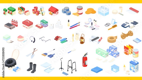 Fototapeta アイソメトリックで描いた防災グッズのイラストセット