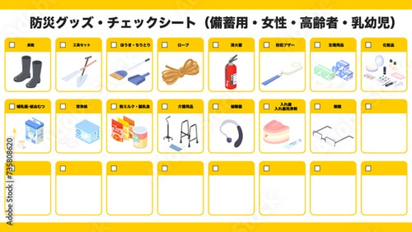 Obraz アイソメトリックで描いた防災グッズのチェックシート