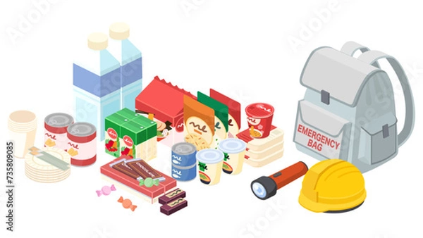 Obraz アイソメトリックで描いた防災グッズのイラストセット