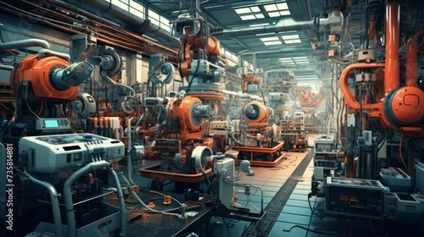 Fototapeta High-tech industrial factory with cutting-edge electronic equipment, robotics, and hardware - royalty-free stock image for industry, manufacturing, and technology concepts
