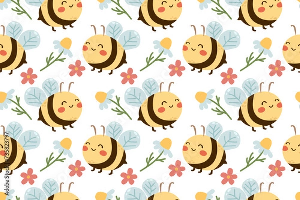 Fototapeta Seamless pattern with bee cartoons and little flowers on white background vector illustration. Cute cartoon character , flat doodle insect pattern for your design paper or fabric print.