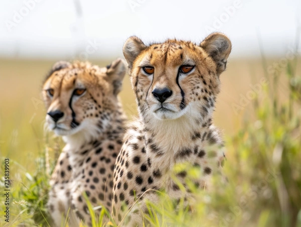 Fototapeta Two cheetahs stand alert amidst greenery.