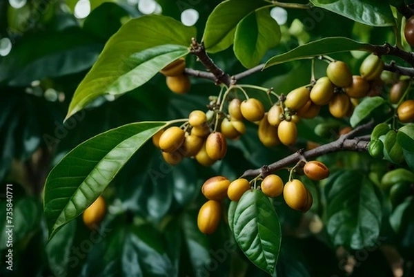 Fototapeta  A highly detailed and natural depiction of a Coffea arabica plant, with impeccable lighting that accentuates the fine textures and features of its leaves, stems, and ripe coffee fruits