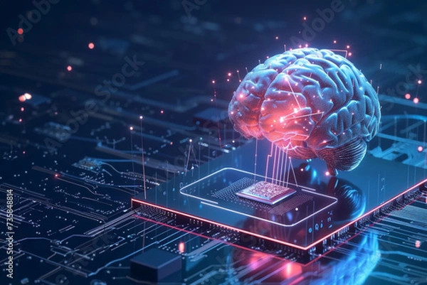 Fototapeta Brain implant chip, Link, Concept, Science, Illustration, Neuroscience, Technology, Communication. NEXT STEP READING AND WRITING OF HUMAN BRAIN. Neural implant chip application explained in an image.