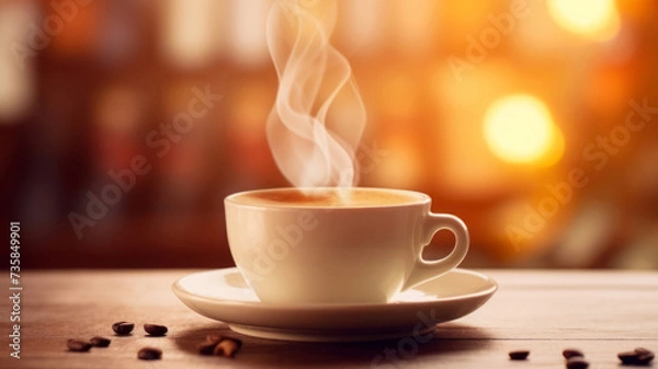 Fototapeta Cup of coffee with steam on bar counter in coffeeshop