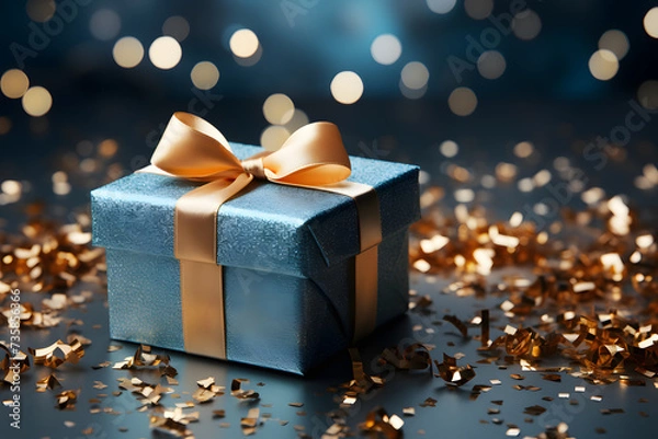 Obraz image of an elegant birthday present. Golden details. ribbon. blue background