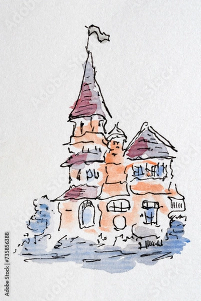 Fototapeta House sketch created with liner and watercolors. Color illustration on watercolor paper