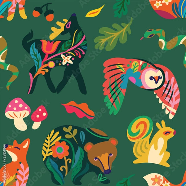 Fototapeta Forest animals in folk style, vector graphics