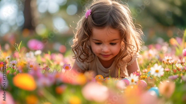 Obraz cute little girl playing egg hunt on Easter. Child sitting on the grass gathering colorful eggs