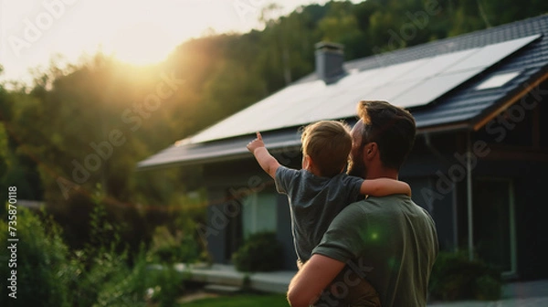 Obraz Father carrying son outdoors and pointing on solar panel on the roof