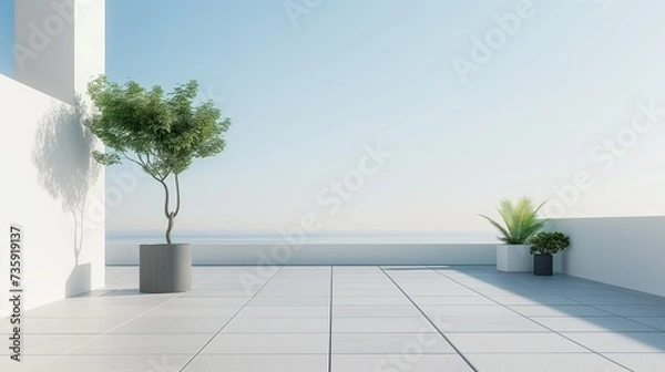 Obraz Empty balcony or roof terrace with potted plants. Relaxation, enjoying peaceful moments interior concept.