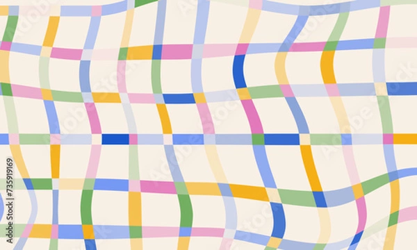 Fototapeta Fun abstract background in doodle style. Multi colored striped geometric pattern. Retro 60s 70s groovy design. Curve crossed lines grid. Wavy plaid backdrop in childish cartoon style