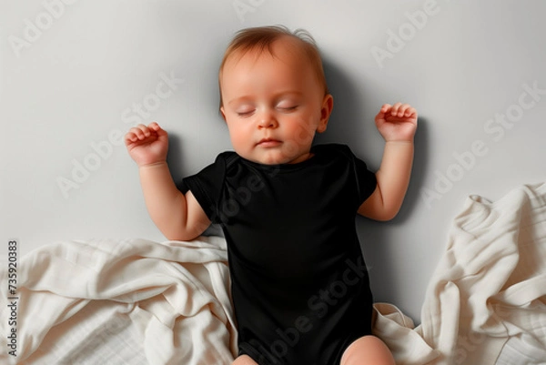 Obraz Sleeping baby in black short sleeved bodysuit in bedroom, mockup. Blank baby clothes template.