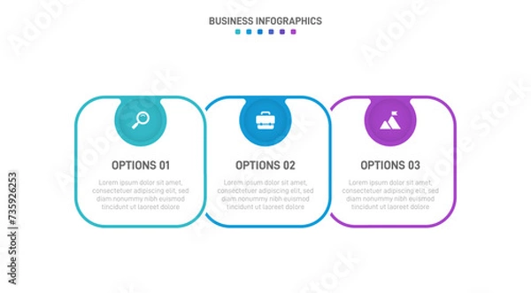 Fototapeta Timeline infographic with infochart. Modern presentation template with 3 spets for business process. Website template on white background for concept modern design. Horizontal layout.
