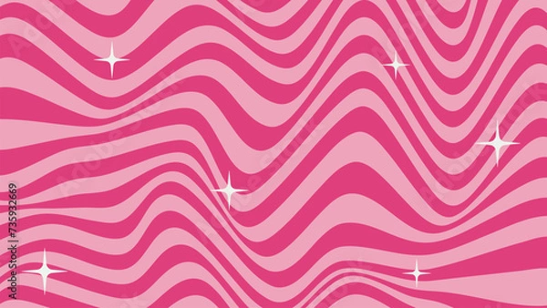 Fototapeta Cute pinky abstract background in barbie core 2000s style. Trendy psychedelic retro style backdrop. Waves, swirl, twirl and stars pattern. Twisted distorted vector texture. Y2k aesthetic design
