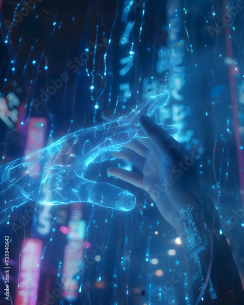Fototapeta Contact between a cyber hand hand a human hand - Technologies and artificial intelligence concept