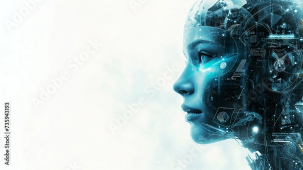 Obraz Surreal abstract woman-robot portrait with fantasy bright combinations. Futuristic technology transformation. Banner. Artificial intelligence robot and binary