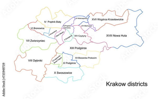 Fototapeta Vector map of Krakow and its districts. Highly detailed vector outline, black silhouette. All isolated on white background