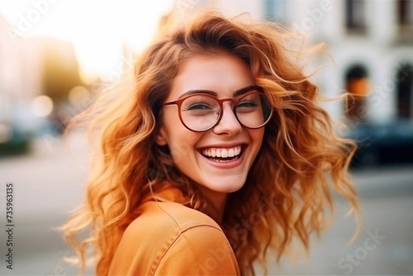 Fototapeta Charming and beautiful woman in glasses with a cheerful smile on the street in summer, spring, autumn