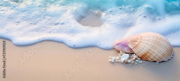 Obraz Seashell and pearls on sandy beach with turquoise sea foam