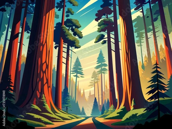 Fototapeta A majestic redwood forest with towering trees reaching for the sky. vektor illustation