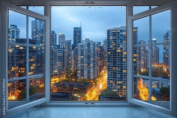 Obraz Panoramic window showing a view of a night time city lit up with lights and rainy professional photography