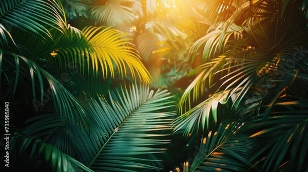 Fototapeta Tropical palm leaves, floral pattern background, real photo