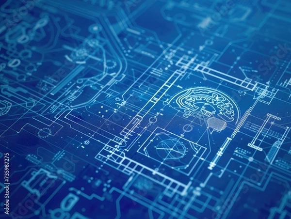 Obraz Futuristic AI blueprint icon with sharp-focus, showcasing hyper-realistic inner workings. Technological stock image depicting computer programming and data algorithm.