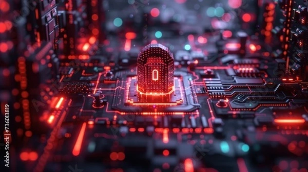 Obraz padlock in the middle of a circuit board, AI threat detection and risk analysis algorithms