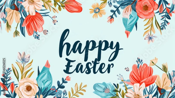 Fototapeta Elegantly written phrase happy Easter in the center. The lively colors and artistic design.