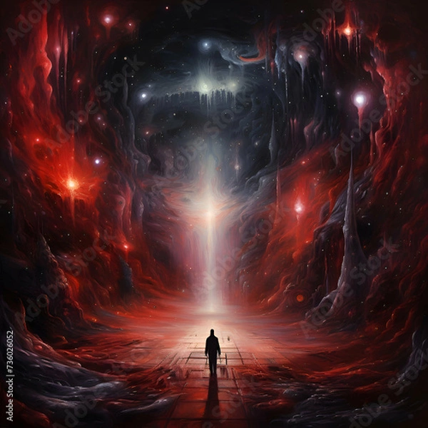 Fototapeta 3D illustration of a female figure standing in a surreal space surrounded by stars.