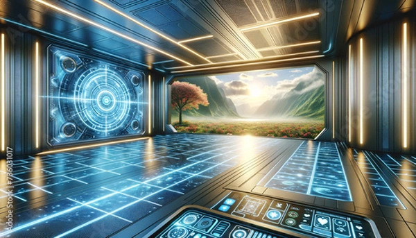 Obraz Futuristic holodeck with vibrant scene and glowing interface.