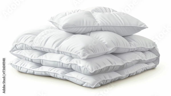 Obraz Stack of beddings on the white background, white pillow on the duvet isolated, bedding objects isolated against white background, bedding items, bedding mockup. Made with generative ai