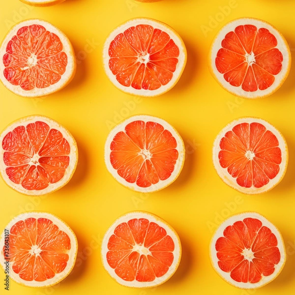 Fototapeta Slices of grapefruit pattern on bright yellow background. Top view. Food modern concept. Hard shadow. Generative AI