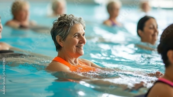 Obraz Elderly women are taking care of themselves by engaging in physical activities, such as swimming, and prioritizing overall health. 
