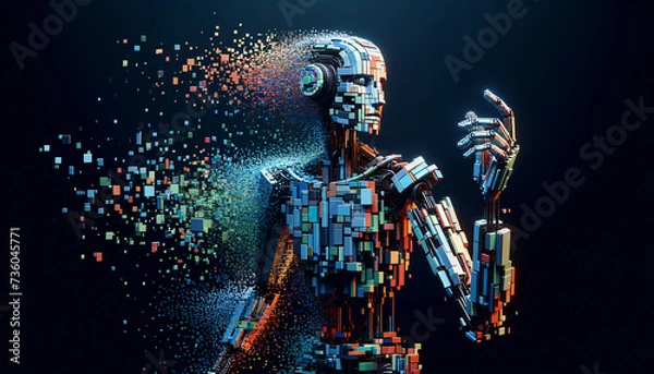 Obraz Futuristic robot showcasing autonomy with elegant disintegration in a minimalist setting.