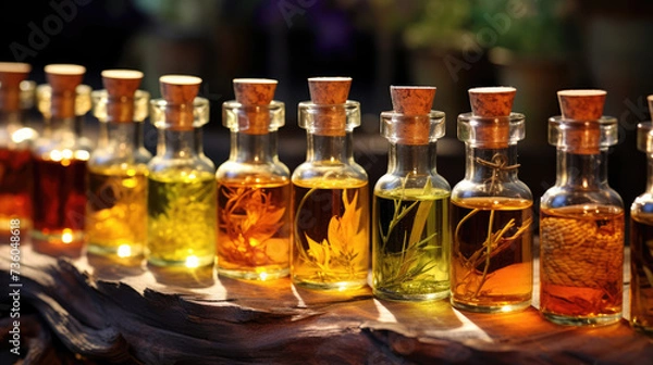 Fototapeta Aromatic oils. Close-up of bottles with aromatic oils