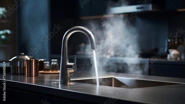 Fototapeta A Kitchen Sink With Steam Coming Out of the Faucet