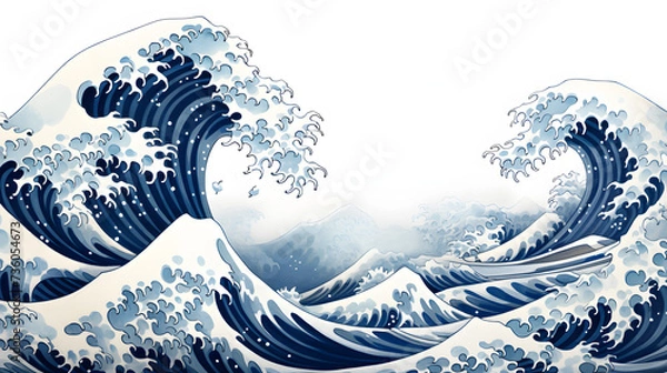 Fototapeta great wave, in the style of detailed background elements, light gray and dark blue, playful watercolors, naturalistic ocean waves, mural painting, playful cartoon illustrations, japanese
