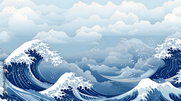 Fototapeta great wave, vector illustration, in the style of light indigo and light gray, ink and wash, decorative backgrounds, whimsical cartoon-style, stormy seascapes, decorative