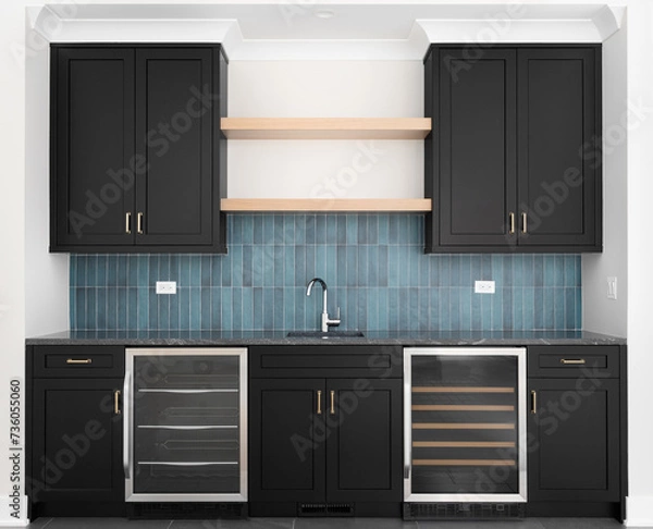 Fototapeta A wet bar with black cabinets, blue vertical subway tile backsplash, black granite countertop, wooden shelves, and stainless steel refrigerators. No brands or labels.
