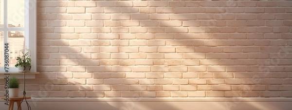 Fototapeta It is intended to be used as a banner, showing a wall made of light ivory colored brick with a window on one side and a potted plant in front of it.