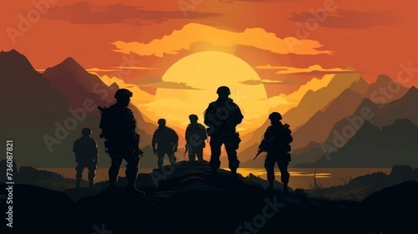 Fototapeta Silhouette Of A Solider Saluting Against the Sunrise. Neural network AI generated art
