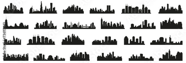 Obraz City silhouette skyline collection. Set of black city silhouette. Night town skyline icons