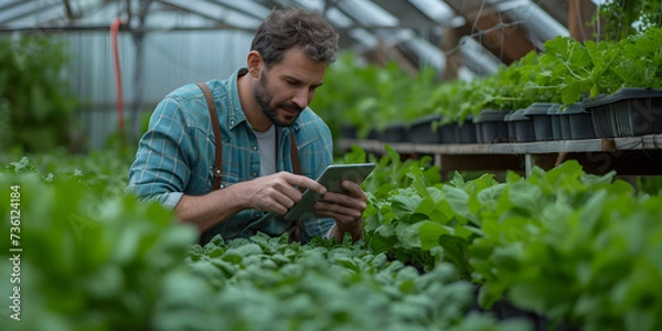 Fototapeta Agricultural man working on a tablet on a farm to analyze the sustainability, production or growth of the industry