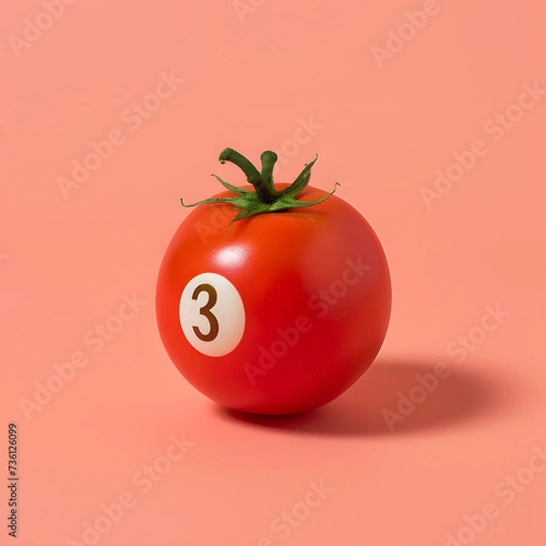 Fototapeta Red tomato like a billiard ball with number three isolated on pastel pink background. Sport billiard competition wallpaper artwork