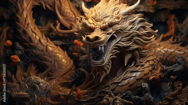 Fototapeta Dragon Head on Wall With Flowers