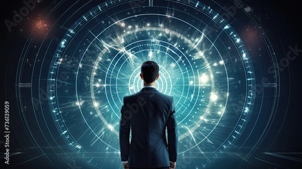 Obraz Businessman aims arrow at a virtual target dartboard, precision in setting objectives for business investments visualizes strategic approach to achieving goals and hitting targets in business