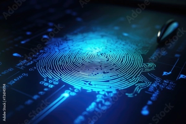 Fototapeta A detailed close-up of a fingerprint on a computer screen. Can be used to illustrate cybersecurity, digital privacy, or forensic investigation