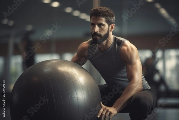 Fototapeta A man squatting on an exercise ball in a gym. This image can be used to depict fitness, balance, core strength, and workout routines